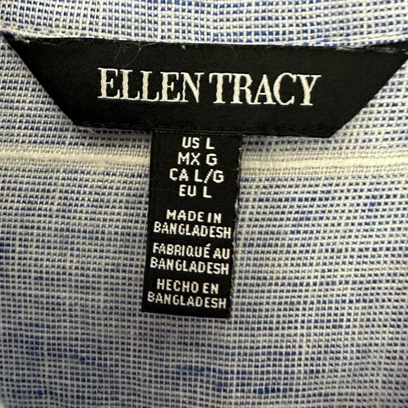 Ellen Tracy 100% Linen Top Womens Large Blue White Coastal Nautical Stripe - Picture 2 of 8